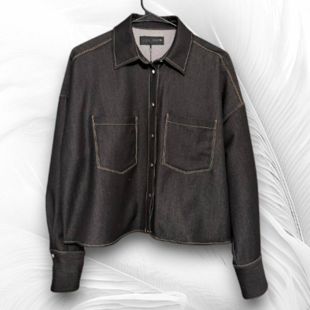 NWT ZARA Dark Blue Denim Button Front Overshirt Jacket Size M